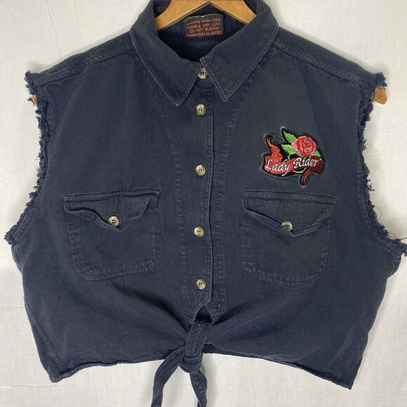 BIKER DESIGN LADIES ONLY Vest Denim Cropped Top Tie Front Sleeveless XL Black - Picture 1 of 10